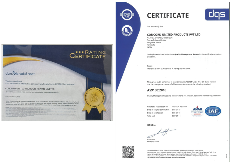 AS9100:2016 quality management certificate and Dun & Bradstreet rating certificate for Concord United Products Private Limited in Bangalore, specializing in precision wire EDM services for the aerospace industry.